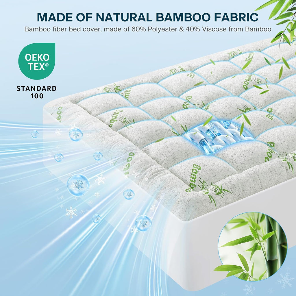 Cubrecolchón impermeable tamaño Queen de viscosa derivada del bambú, protector de colchón extra grueso para dolor de espalda, protector de colchón refrescante con bolsillo profundo de 8 a 21 pulgadas