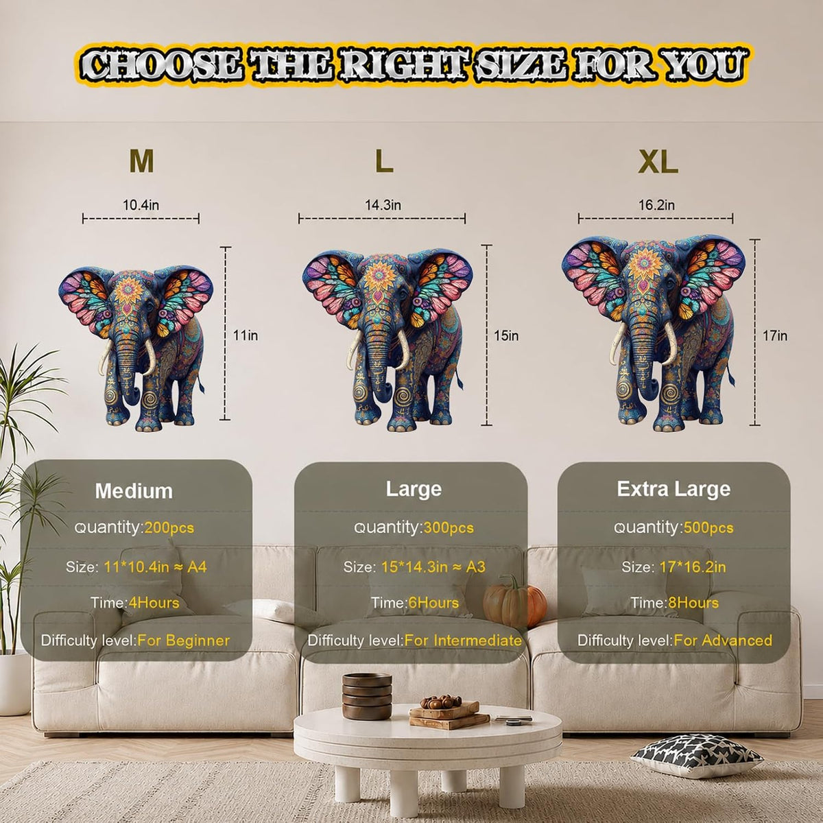 Rompecabezas de madera para adultos, rompecabezas de madera de elefante de 200 piezas, rompecabezas de madera con forma de animal único para adultos y niños, divertidos rompecabezas de elefante floral
