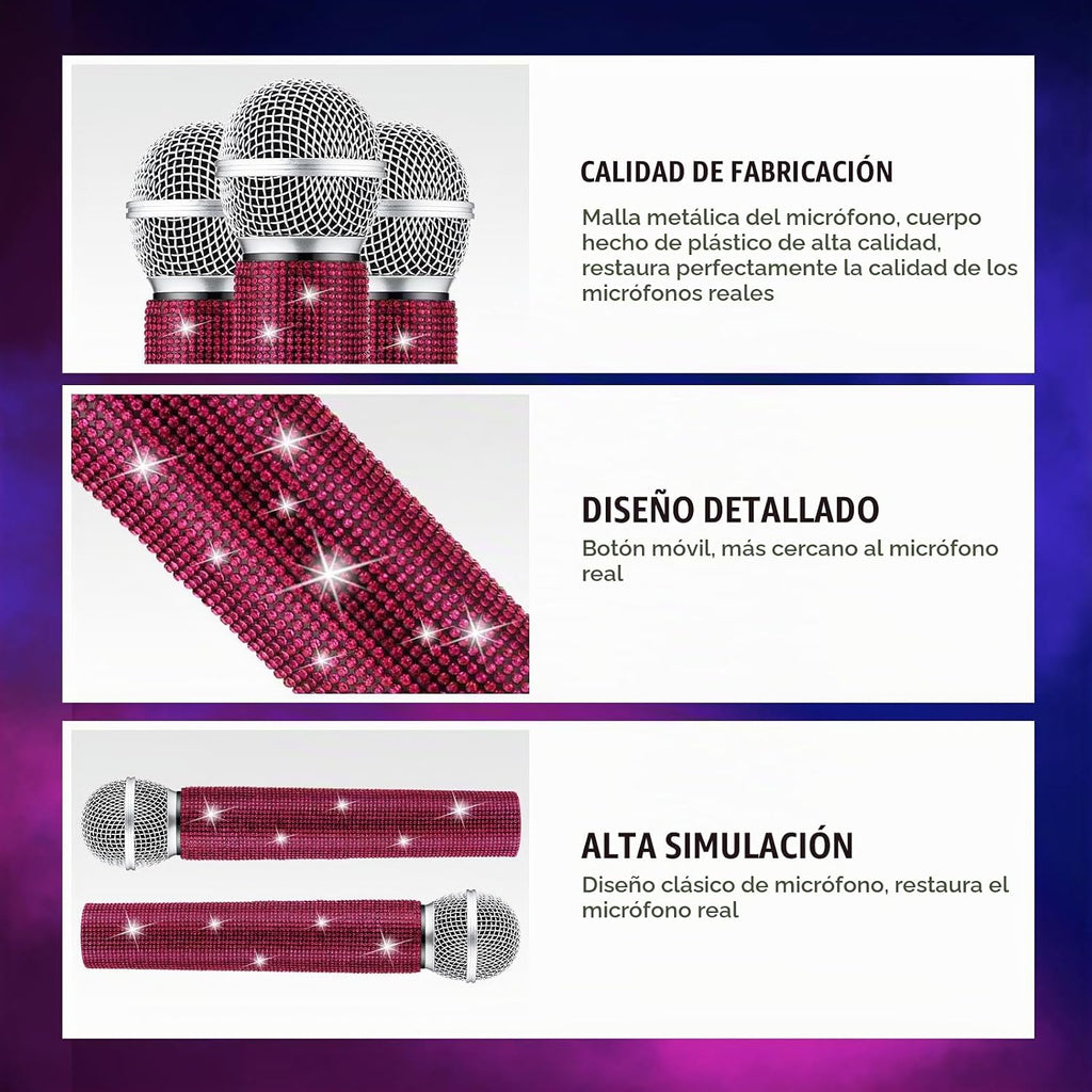 Micrófono falso con diamantes de imitación brillantes, micrófono de juego de plástico con purpurina para disfraz de fiesta de cosplay (rosa oscuro)