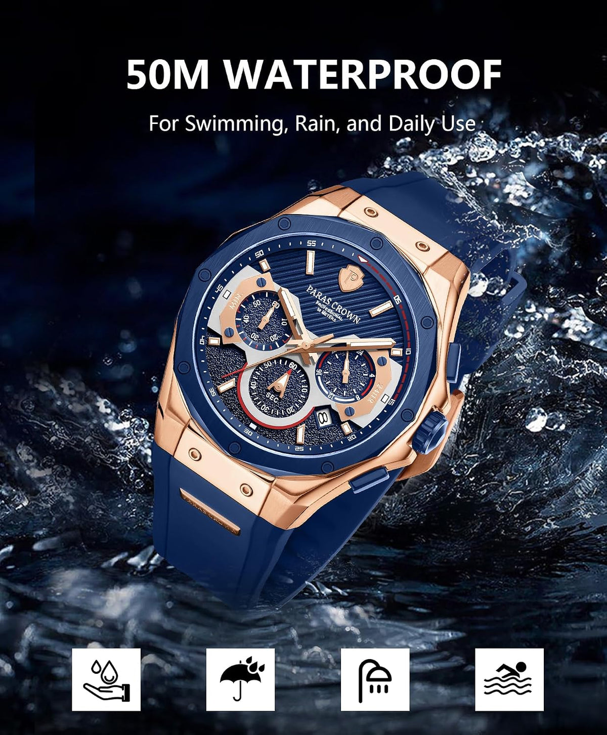 Paras Crown Relojes para Hombre Lujo Movimiento Japonés de Cuarzo Cronógrafo Analógico Caja de Acero Inoxidible Resistente al Agua 5ATM Relojes para Hombre