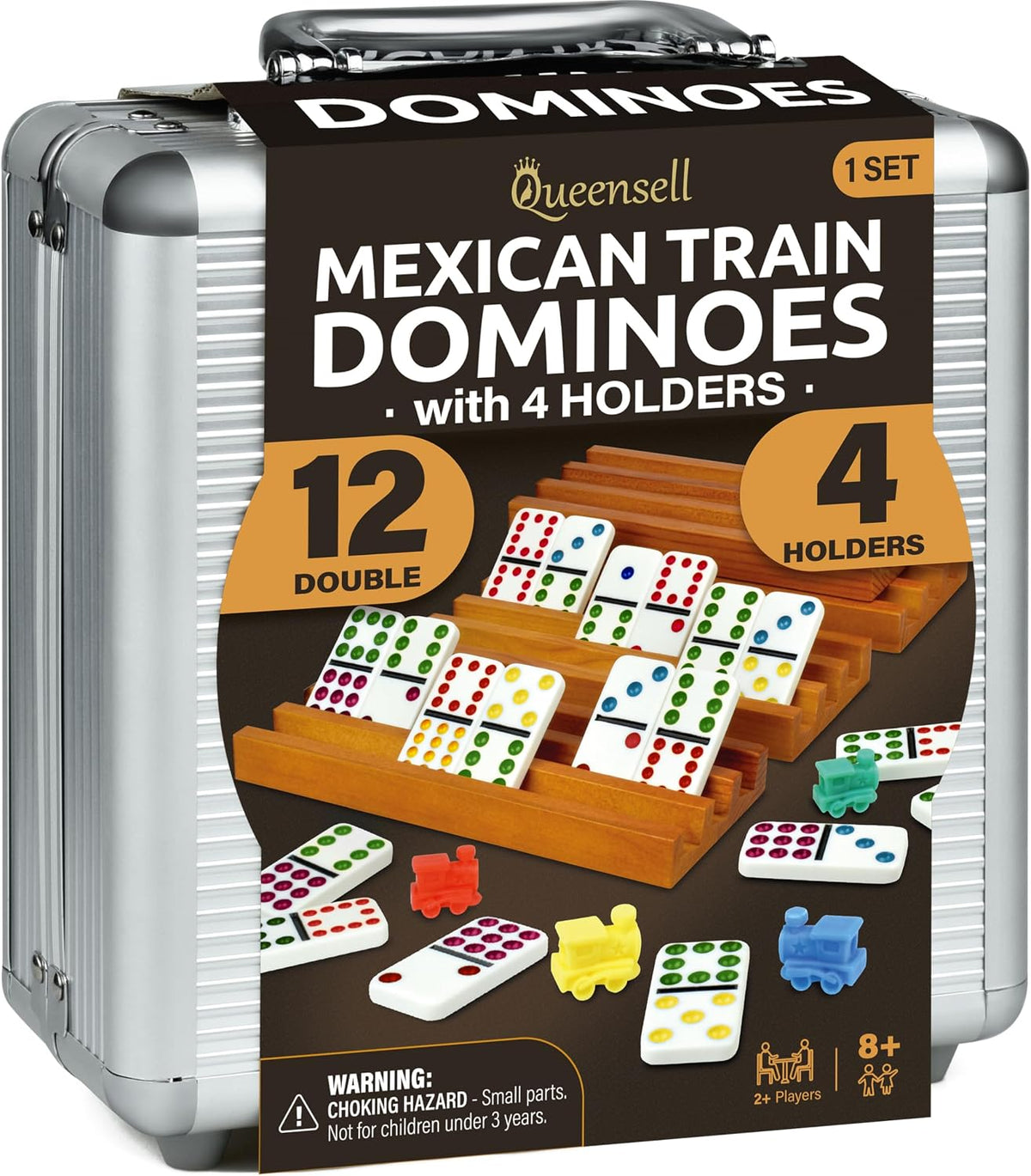 Juego de Dominó Tren Mexicano con 4 Soportes - Dominó Doble 12 con Centro de Madera y Soportes para Fichas - Juego de Dominó Doble 12 para Noche de Juegos Familiares para Adultos y Niños de 8 Años en