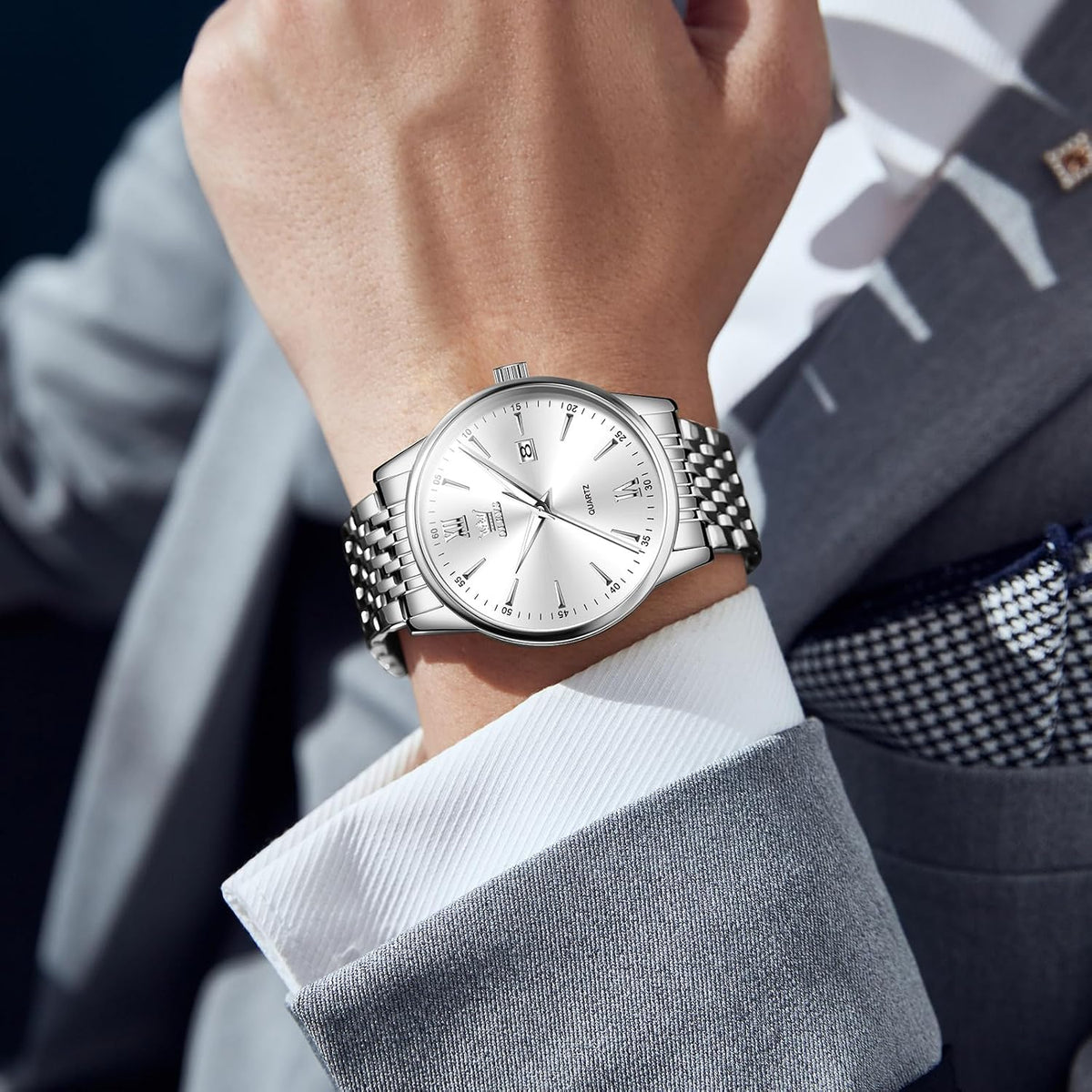 OLEVS Relojes para hombre de lujo de acero inoxidable 30M impermeable