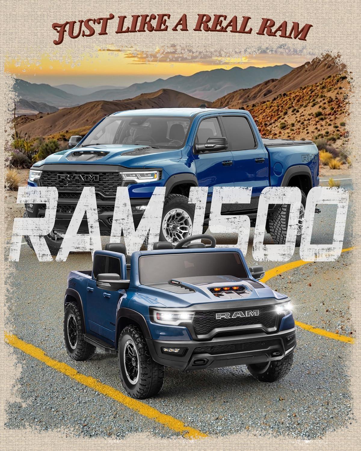 First Ride On Juguetes de paseo de 24 V para niños grandes, RAM 1500 RHO de 2 plazas con control remoto, camión alimentado por batería con suspensión de 4 ruedas, automóvil para niños pequeños con
