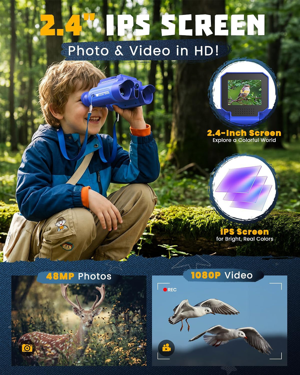 Binoculares para niños con cámara, visión nocturna digital, azul