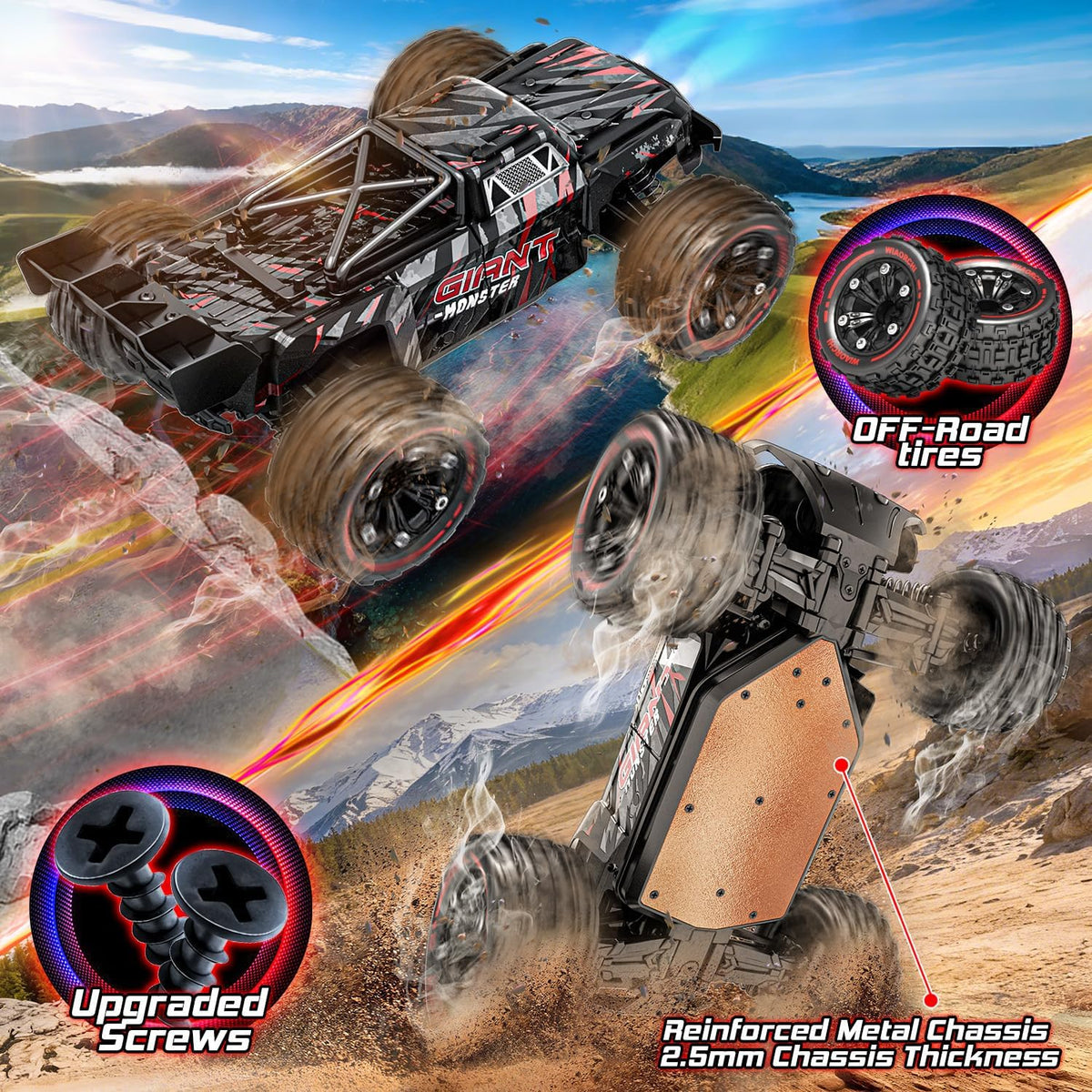 Autos RC rápidos a escala 1:16 para adultos, 40 KPH, camión monstruo eléctrico todoterreno con chasis de metal, auto de alta velocidad de 2.4 GHz, camión a control remoto impermeable con 2 baterías