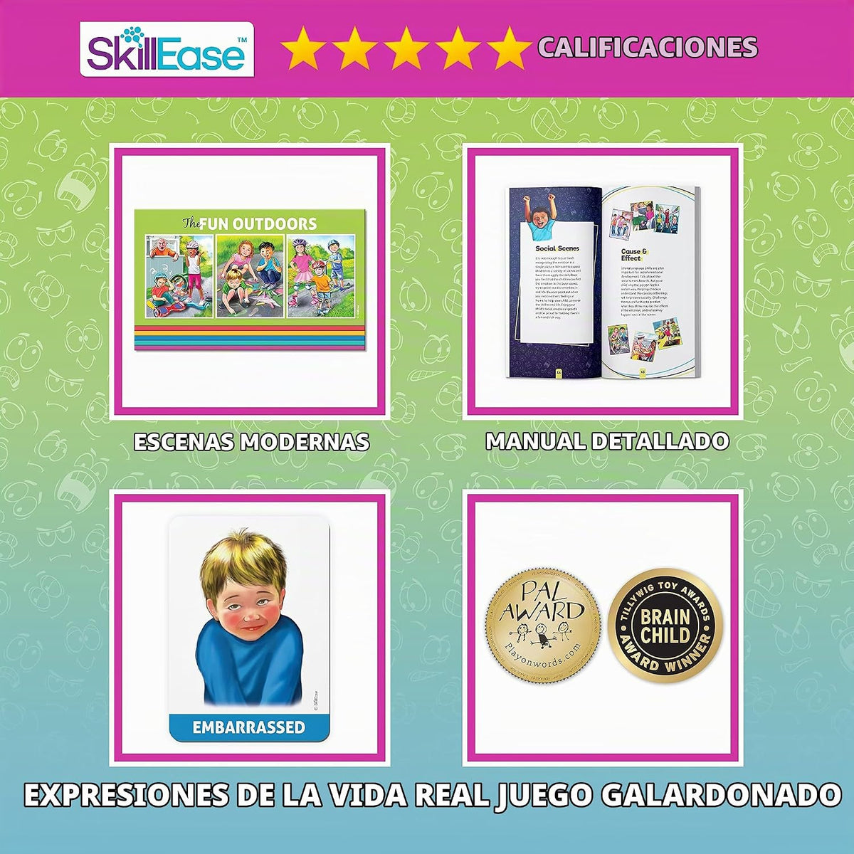 SkillEase Happy or Not, Bingo Emociones y Sentimientos Actividad para Habilidades Sociales, Actividades de Aprendizaje Social Emocional, Juego de Terapia y Consejería para Niños, Juego de Terapia del Habla,