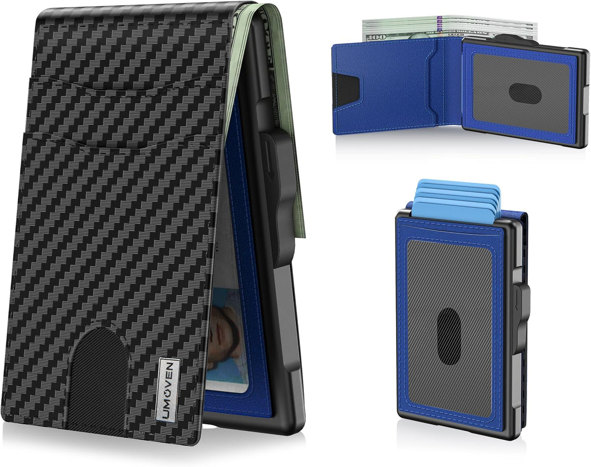 Cartera de cuero minimalista con bloqueo RFID, billetera plegable, Azul carbón