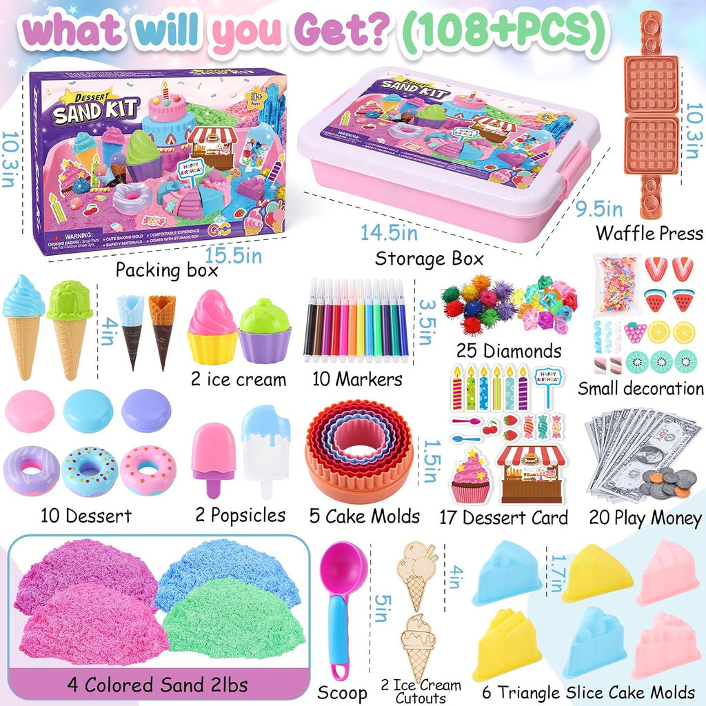 Golray - Juego de arena sensorial de helado para niñas, kit de arte de arena con caja de arena, 2 libras de arena mágica, moldes de pastel y gofre, juguetes de postres de juego de roles, juego de