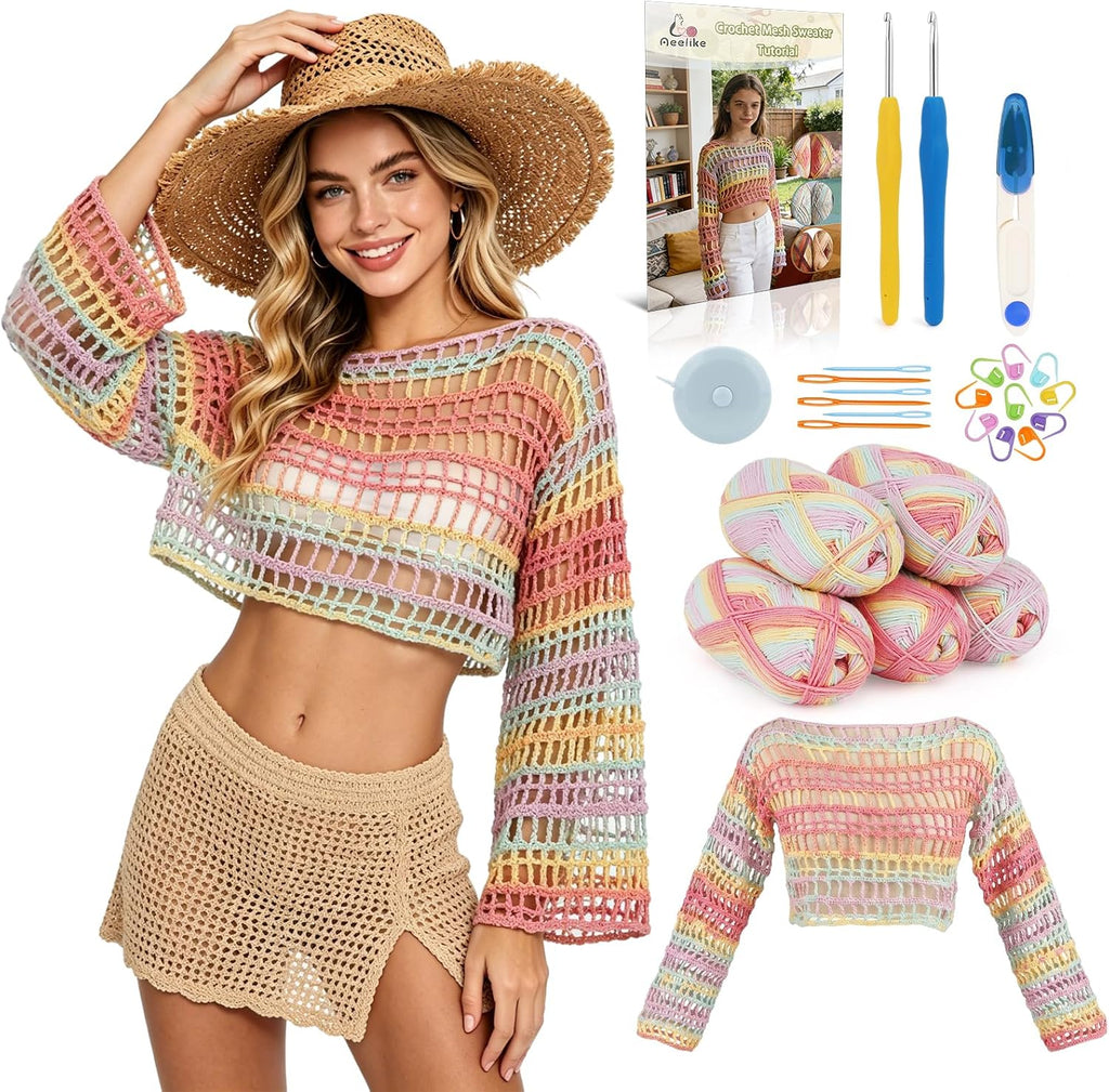 Aeelike Kit de ganchillo para adultos,Mujer Crochet Coverup,Hilo de algodón