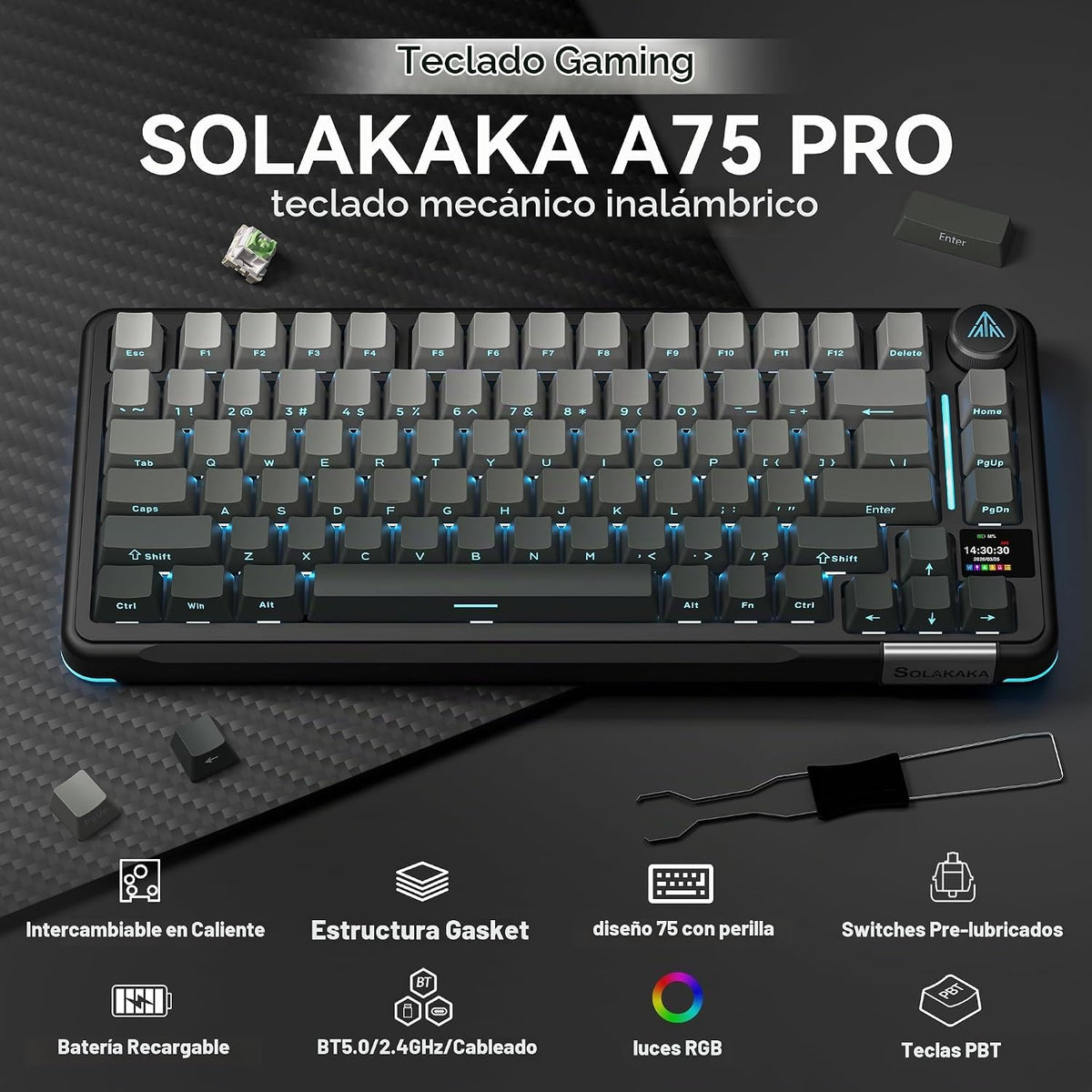 SOLAKAKA Teclado mecánico A75pro-ALL 75% con pantalla (gris degrada...