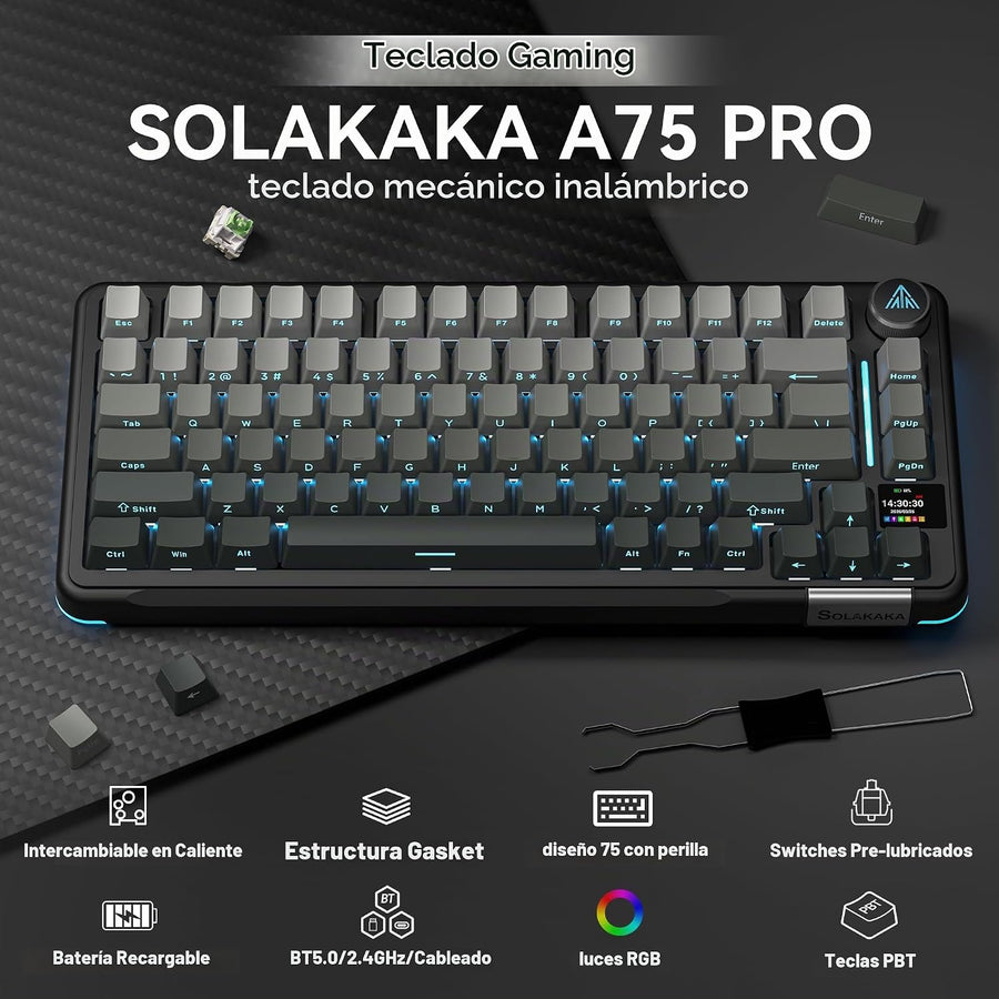 SOLAKAKA Teclado mecánico A75pro-ALL 75% con pantalla (gris degrada...