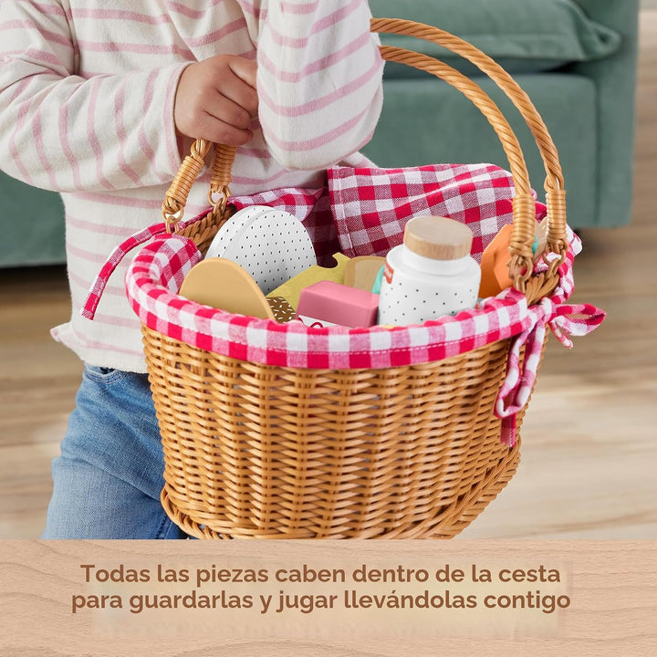 Fisher-Price Cesta de picnic de juguete de simulación de madera, ju...