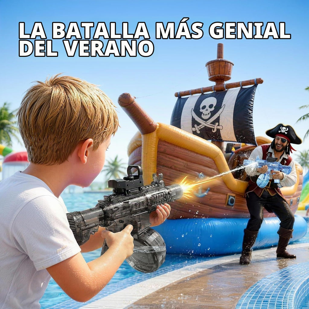 Pistola de agua eléctrica, adecuada para niños y adultos, tanque de agua de gran capacidad, luz LED con efecto de llama bozal, piscina al aire libre, juguete de batalla de playa (M416-azul)