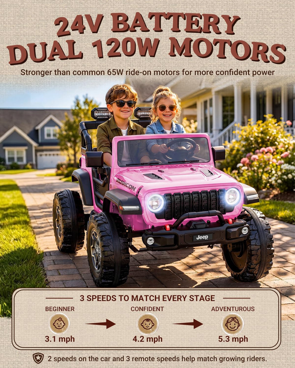 First Ride On Auto eléctrico grande de 24 V y 2 plazas para niños, Jeep Wrangler Rubicon con licencia, vehículo Jeep con neumáticos de gran tamaño de 14.5 pulgadas, cinturón de seguridad, control
