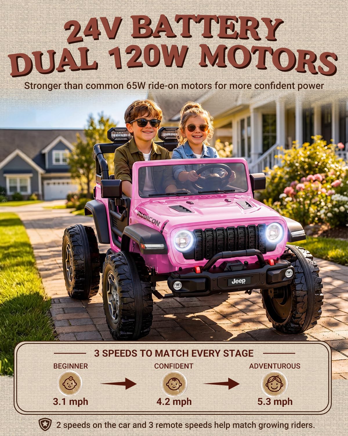 First Ride On Auto eléctrico grande de 24 V y 2 plazas para niños, Jeep Wrangler Rubicon con licencia, vehículo Jeep con neumáticos de gran tamaño de 14.5 pulgadas, cinturón de seguridad, control