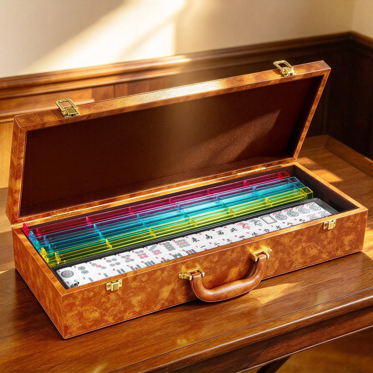 Juego de mahjong americano premium con funda de piel sintética de lujo marrón, 166 azulejos blancos, 4 bastidores Mahjong todo en uno con empujadores, fichas y dados