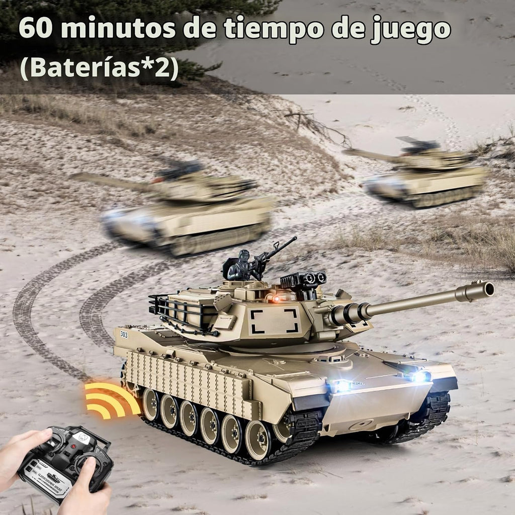 1/18 M1A2 Abrams - Tanque a control remoto de 2.4 G que dispara BBS con humo, sonido y luces, juguete modelo ejército de control remoto de 165 pies, vehículo militar todo terreno para mayores de 8 años