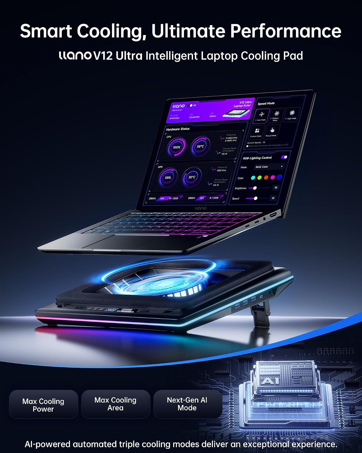 llano V12 Ultra Base de Refrigeración para Portátil con Control Inteligente por Software Ventilador para Laptop