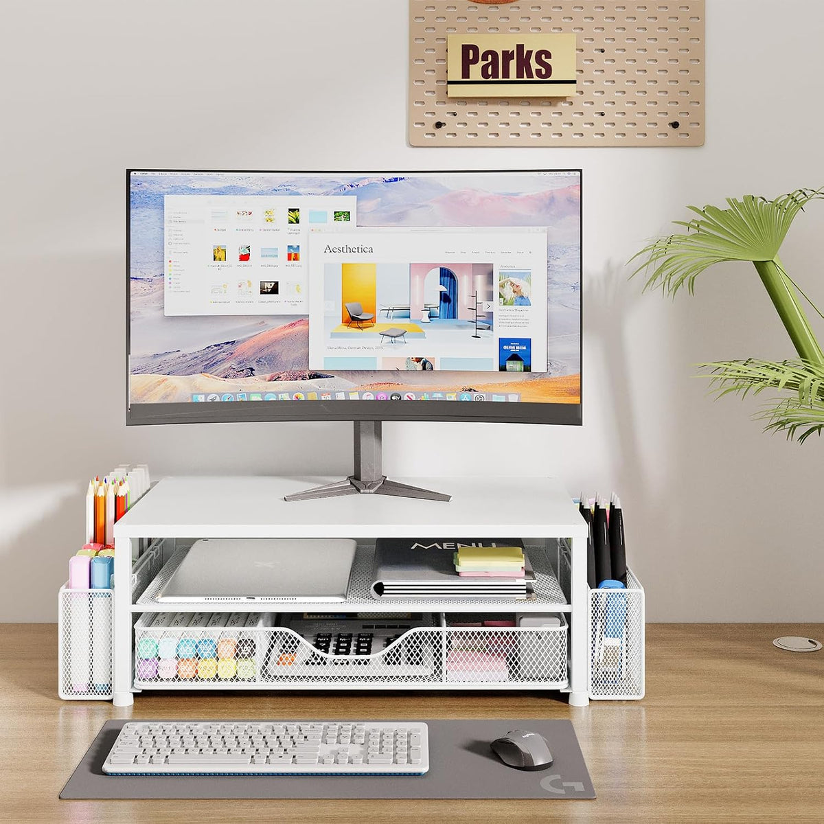 Lámpara Organizador de escritorio y accesorios, soporte elevador de monitor de computadora de 2 niveles con cajón y 2 soportes para bolígrafos, soporte para laptop, accesorios de escritorio de oficina