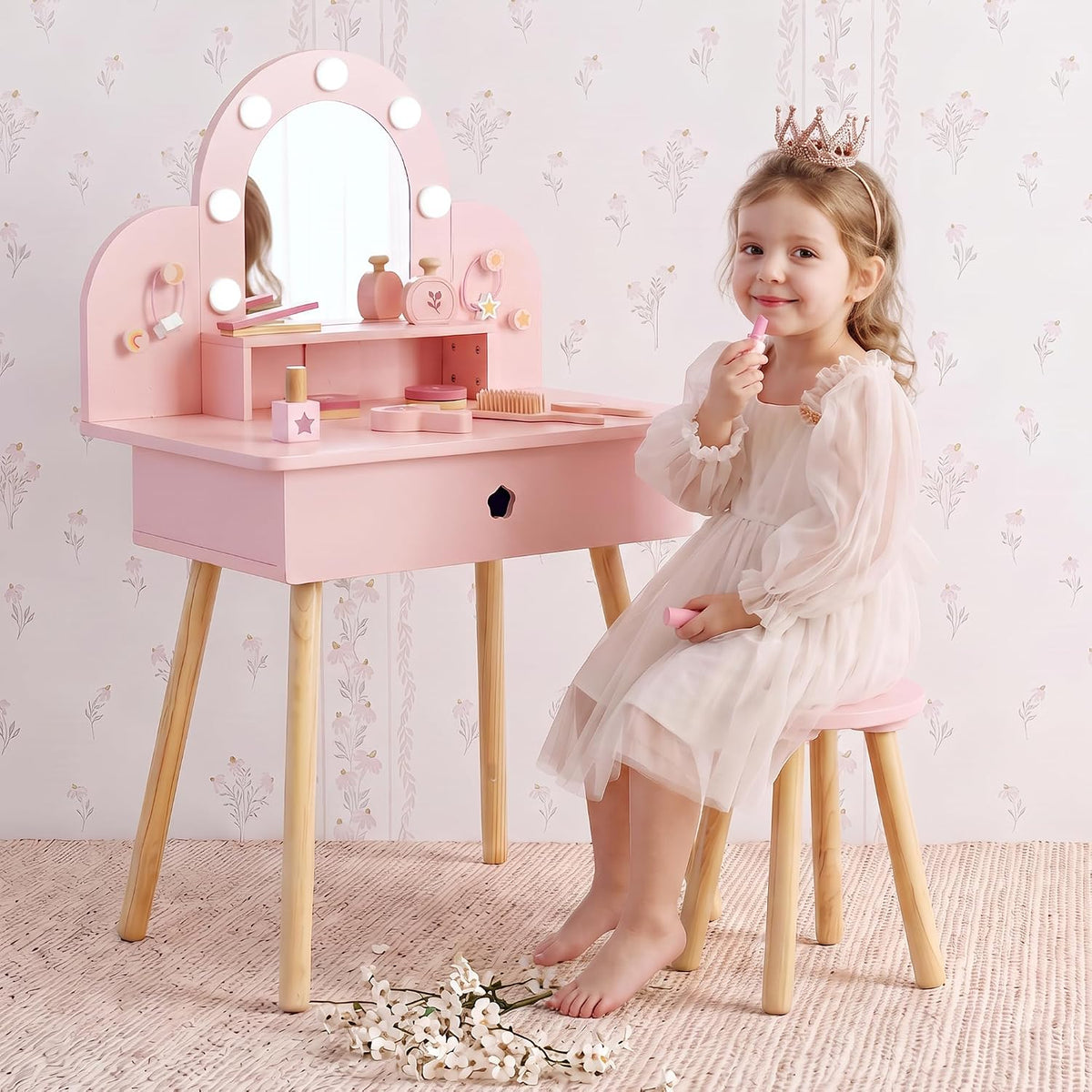 Juego de mesa y silla para niños con espejo iluminado de 3 colores, 11