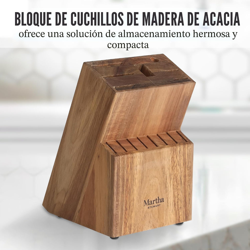 Martha Stewart Lockton - Juego de 16 cuchillos de chef de acero inoxidable de alto carbono forjados, bloque de madera de acacia, asas triples remachadas, lino blanco y dorado