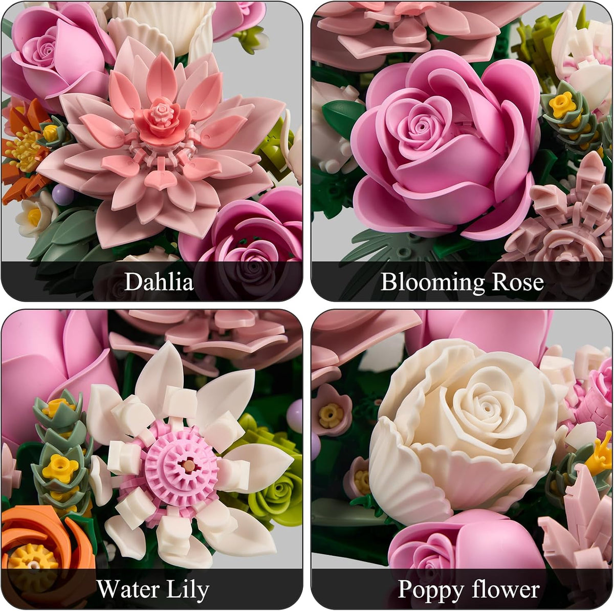 Juego de construcción de flores de luna rosa, ramo de rosas de dalia colección botánica, bloque de construcción, compatible con flores de Lego para decoración de pared del hogar, regalos para más de