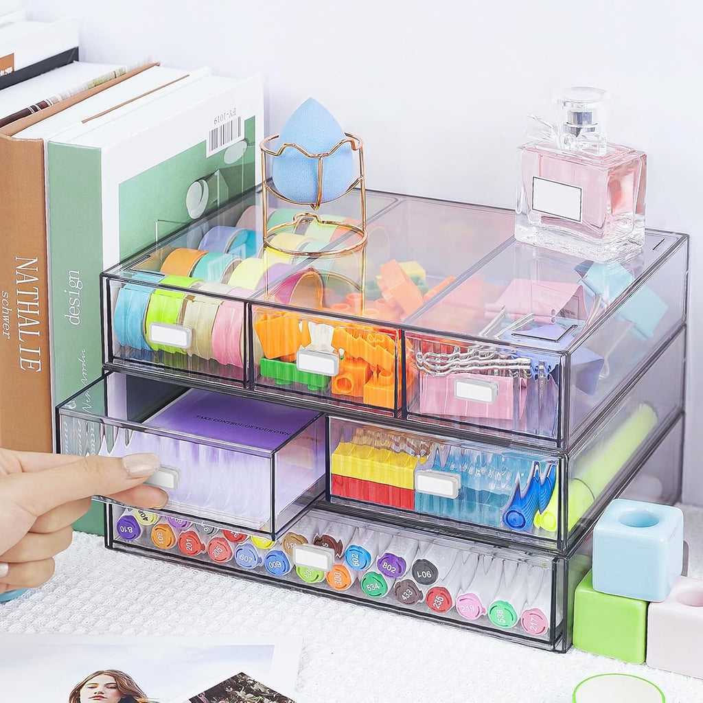 Organizador de Escritorio Apilable de 3 Niveles con 6 Cajones, YOCOMEY Caja de Almacenamiento de Escritorio de Plástico con Cajones, Organizador Desmontable de Almacenamiento de Maquillaje y