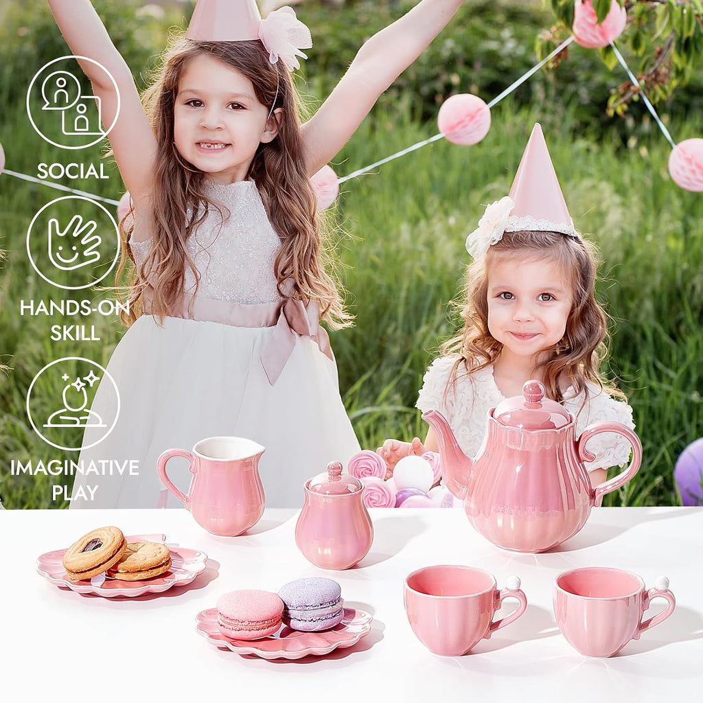Juego de té de porcelana Giant bean, color rosa perla, set real para fiesta de té