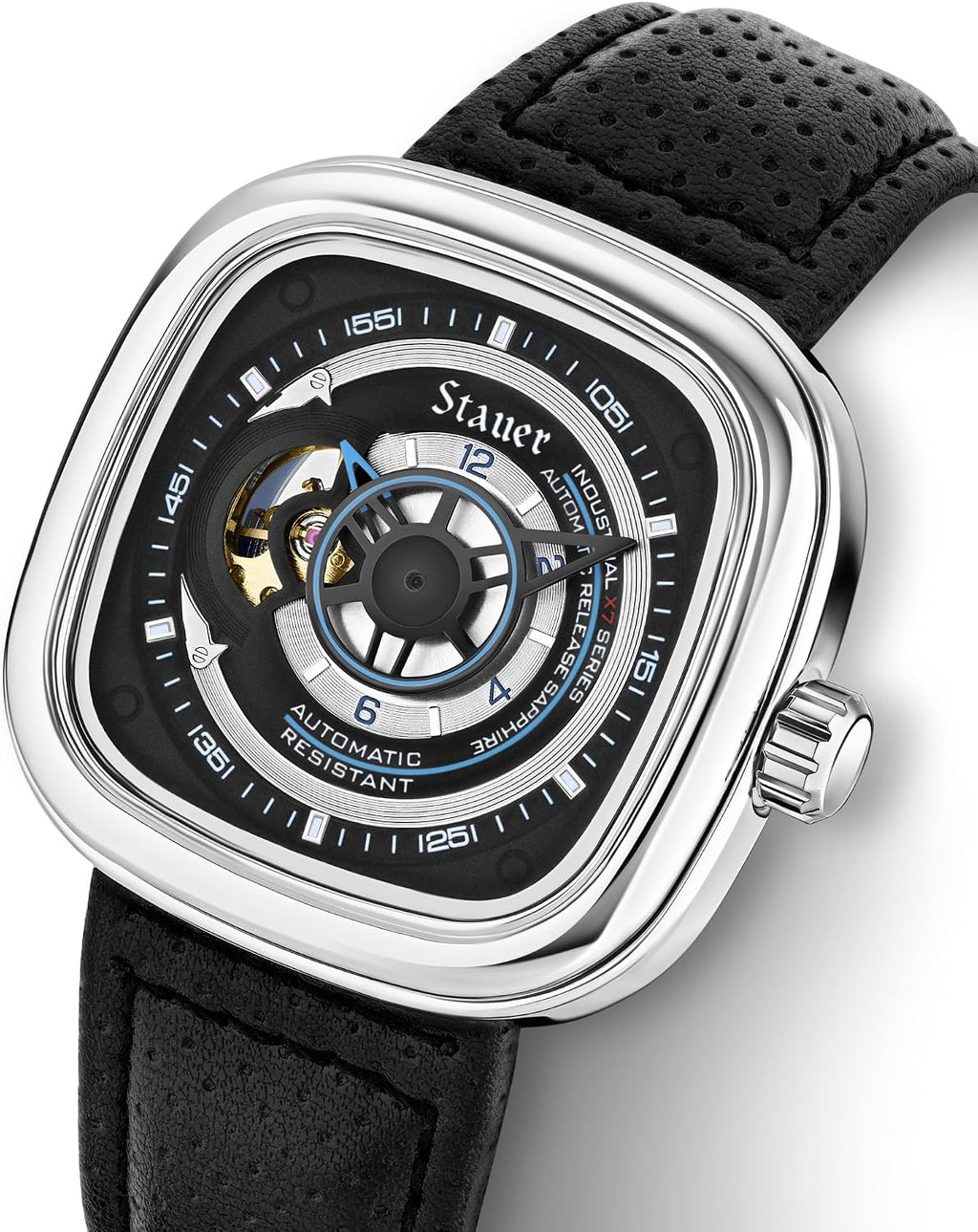 Stauer Reloj automático de esqueleto cuadrado para hombre, funda de cojín plateada de 1.732 pulgadas, esfera negra de corazón abierto, movimiento mecánico de 21 joyas, correa de cuero
