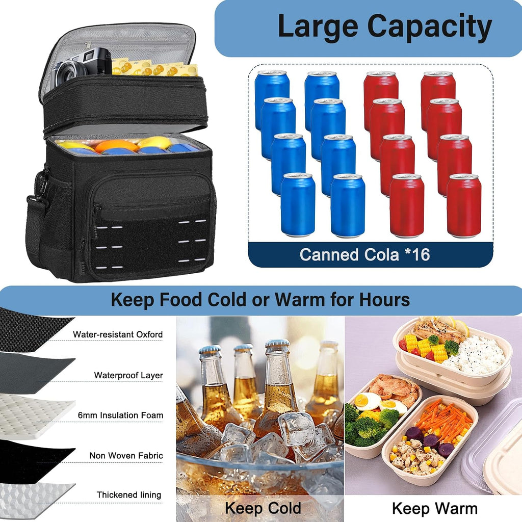 Bolsa de almuerzo con enfriador - Lonchera táctica aislada para hombres - Cubo de almuerzo grande y suave expandible para adultos, trabajo, al aire libre, turnos, viajes, negro, 16L