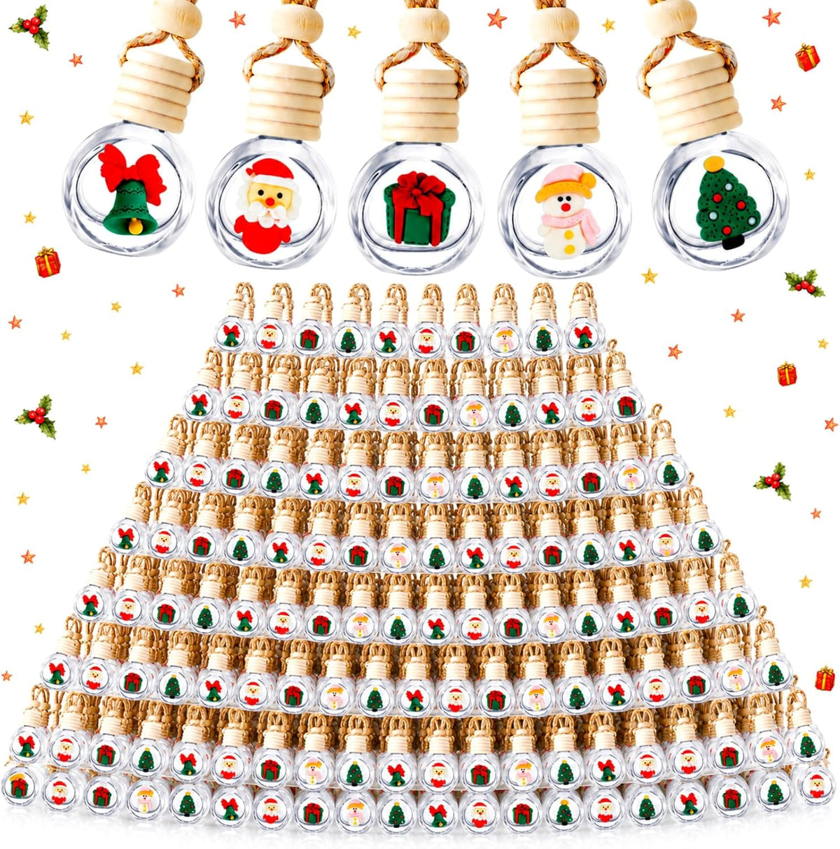 BBTO Ambientador colgante para coche, 80 unidades, botellas difusoras de coche a granel, botella de perfume de vidrio vacía de Navidad, ambientador transparente, difusor de botella colgante para