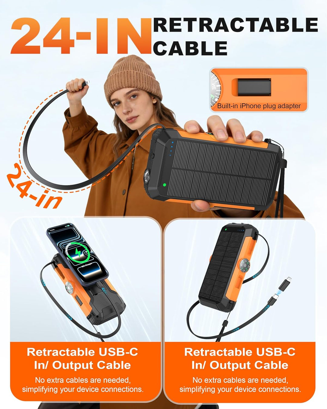 Banco de energía solar con manivela y cables retráctiles, cargador...