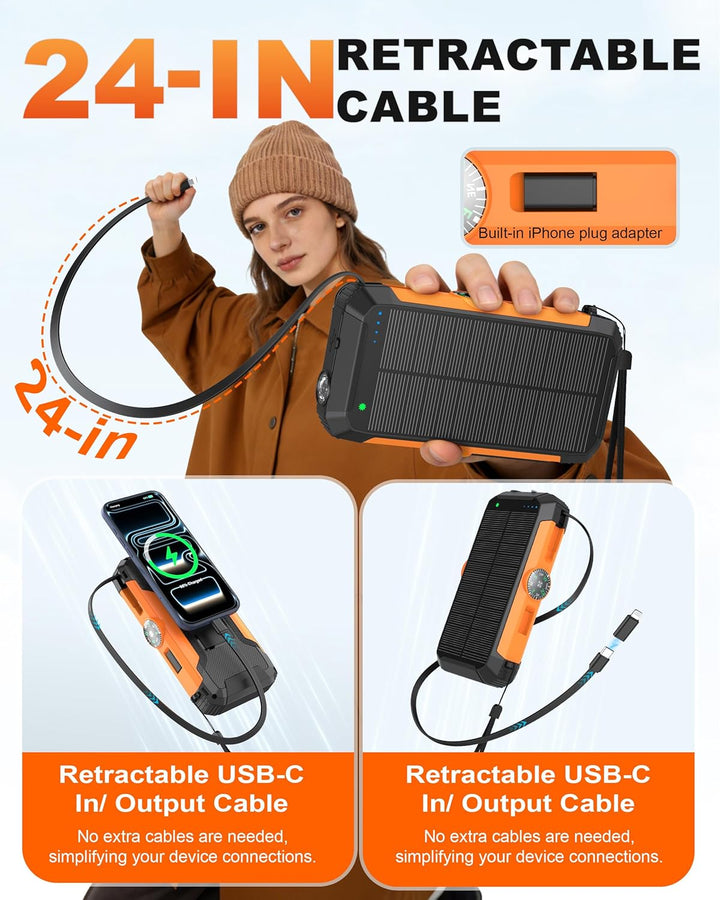 Banco de energía solar con manivela y cables retráctiles, cargador...