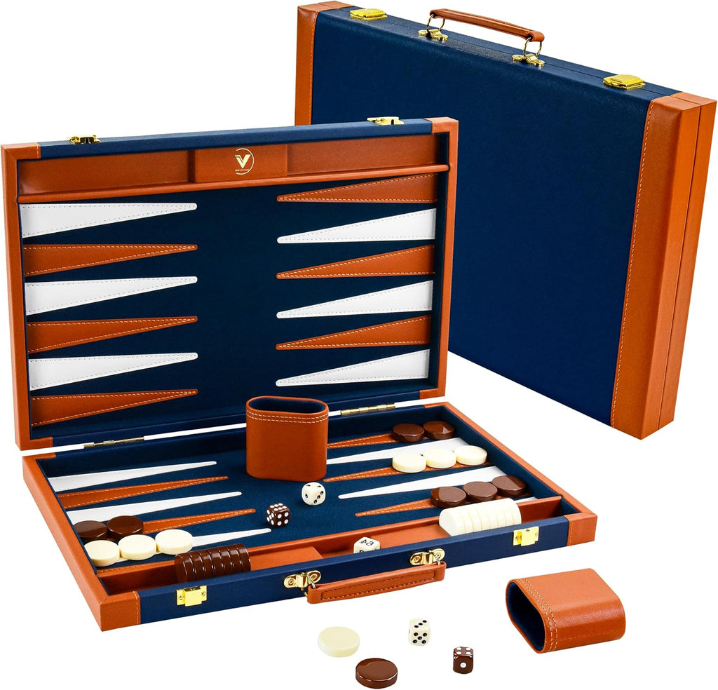Juegos de backgammon premium para adultos, juegos de mesa de backgammon grandes de 17.5 pulgadas, juego de backgammon portátil de cuero sintético para viajes, regalos clásicos de juego de estrategia