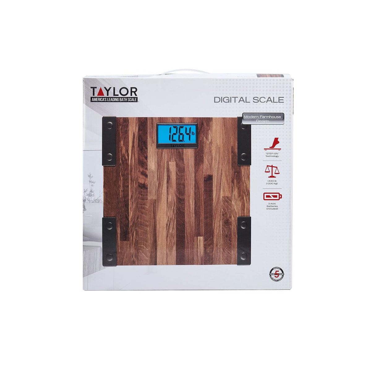 Taylor Báscula digital para peso corporal, capacidad extra alta y precisa de 440 libras, LCD azul único, aspecto de granja, encendido y apagado automático, 12.4 x 12.4 pulgadas, marrón