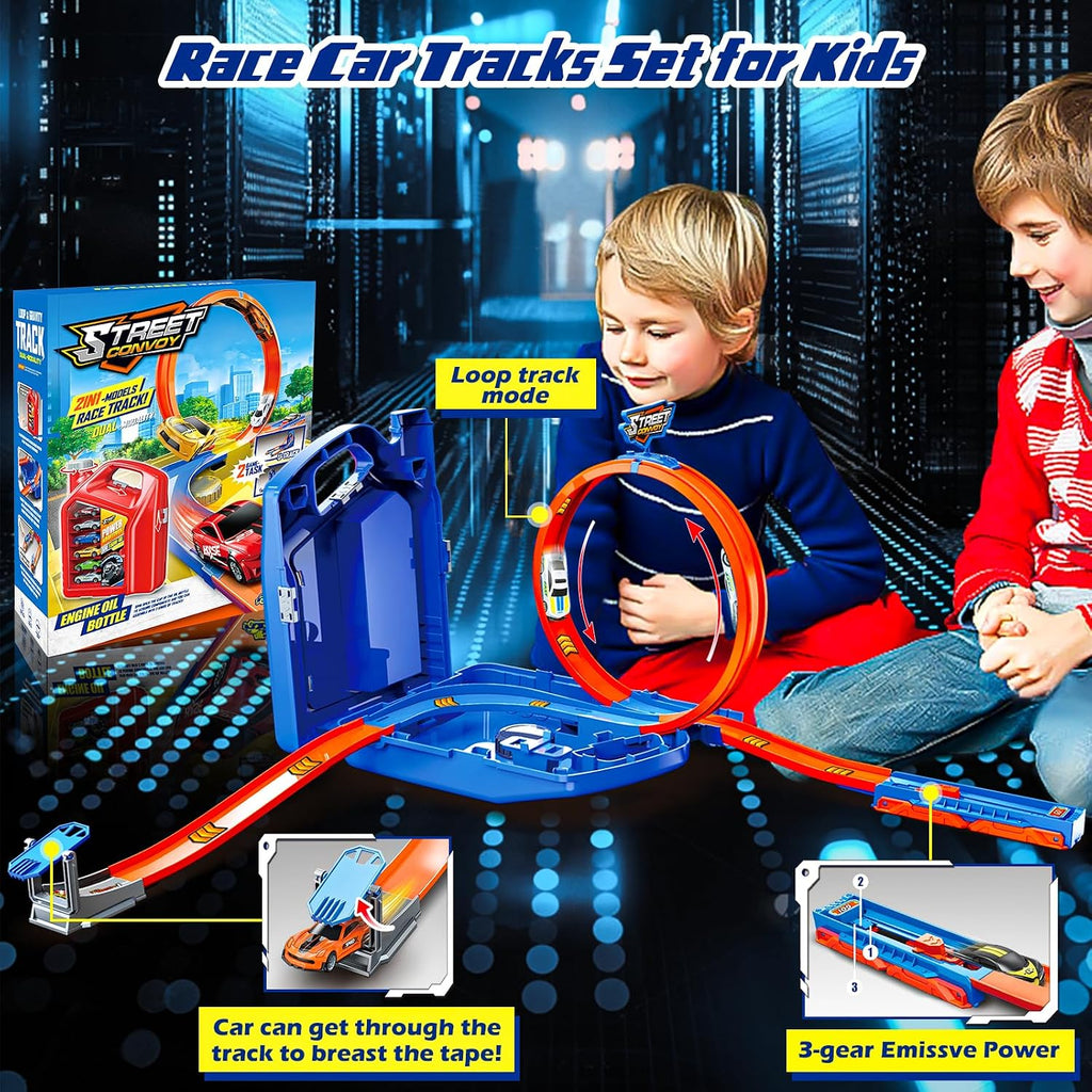 Juego de autos de juguete de pista de carreras con 2 autos de carreras, estilo 2 en 1 con caja de almacenamiento, juguetes de pistas intercambiables, regalos de cumpleaños y Navidad para niños de 3, 4