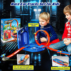 Juego de autos de juguete de pista de carreras con 2 autos de carreras, estilo 2 en 1 con caja de almacenamiento, juguetes de pistas intercambiables, regalos de cumpleaños y Navidad para niños de 3, 4