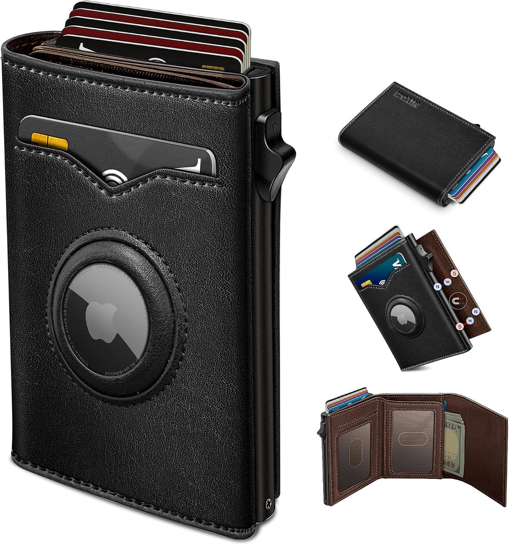 Cartera miyozi Airtag para hombre, con bolsillo para billetes, 2 ventanas para identificación, capacidad para 9-12 tarjetas, estuche metálico, elegante y delgada, cartera desplegable con cierre