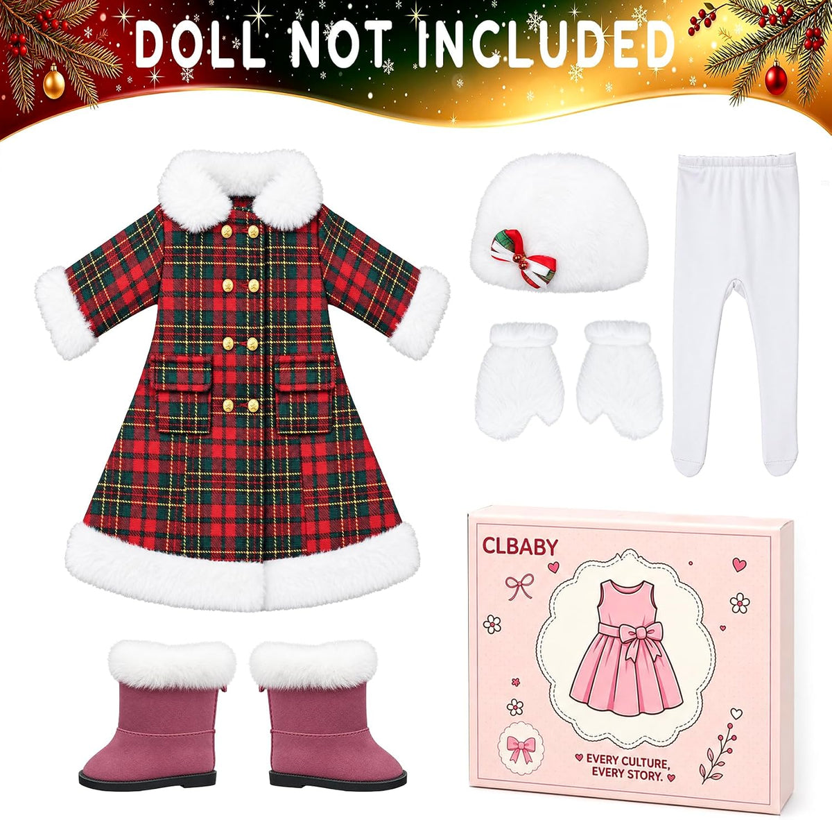 Set de Ropa y Accesorios para Muñeca Americana de 18 Pulgadas, 7 Piezas, Navidad