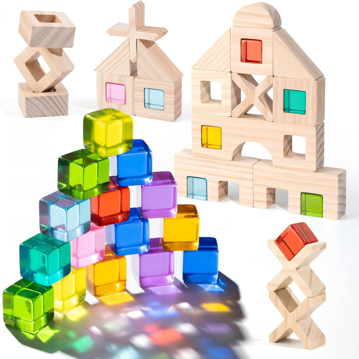 Woodtoe Juego de 47 bloques de arcoíris, bloques de construcción de madera