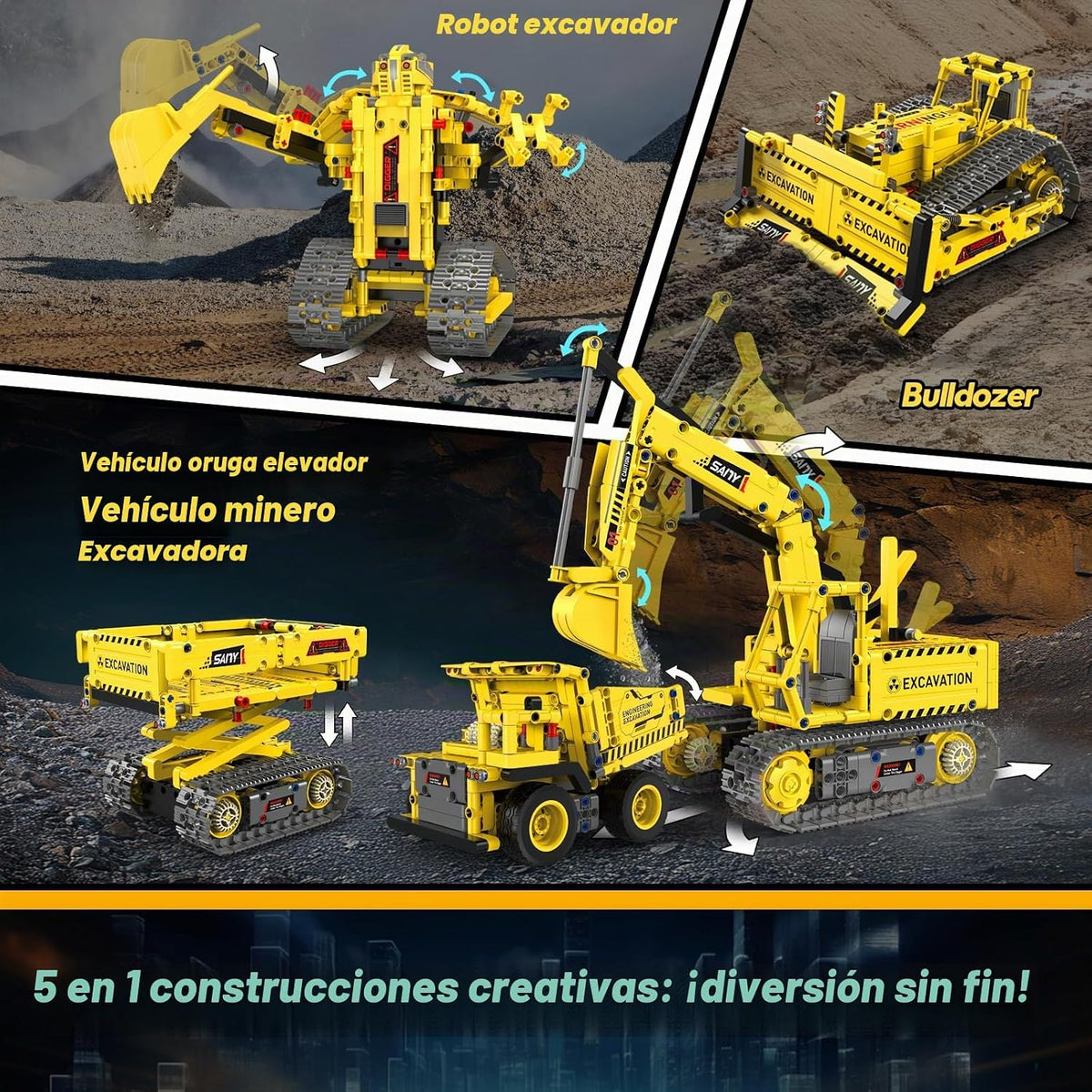 Kits de Construcción de Robots, Juguetes STEM 5-en-1 para Niños de 8-14 años, Excavadora de Control Remoto y APP para Niños, Juegos de Construcción, Conjuntos de Erector Programables, Kits