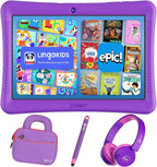 Contixo Paquete de tabletas Android para niños de 10 pulgadas, 32 GB, Epic! y aplicaciones educativas LingoKids, controles parentales, funda a prueba de niños con soporte y lápiz capacitivo, auriculares y bolsa de funda, color morado