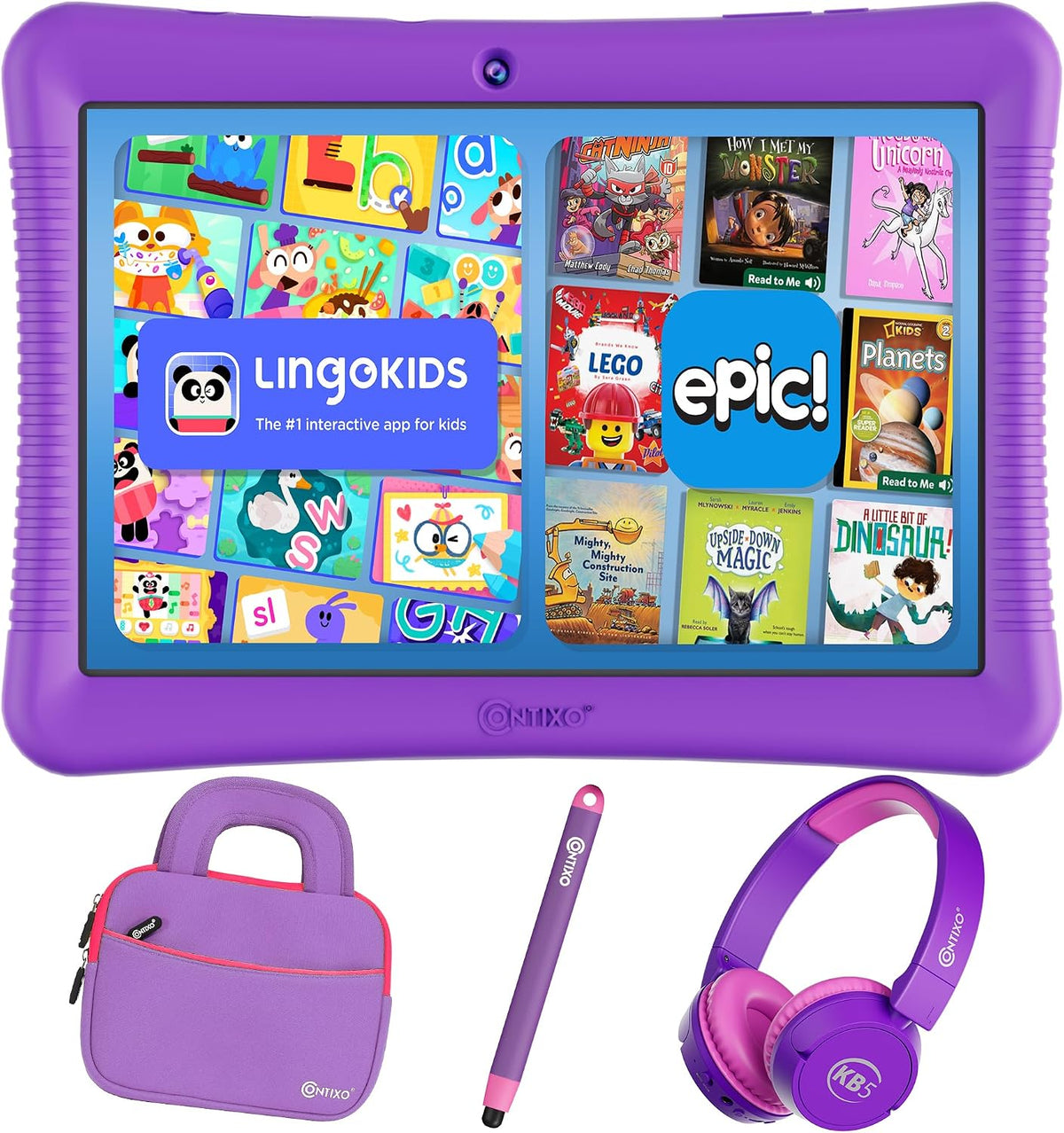 Contixo Paquete de tabletas Android para niños de 10 pulgadas, 32 GB, Epic! y aplicaciones educativas LingoKids, controles parentales, funda a prueba de niños con soporte y lápiz capacitivo, auriculares y bolsa de funda, color morado