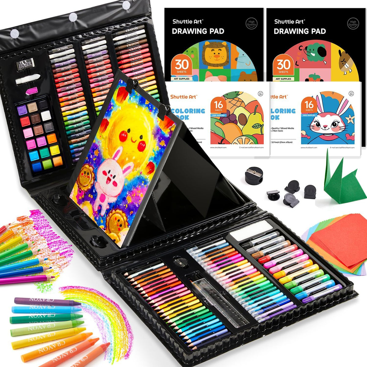 Shuttle Art Juego de arte para niños de 335 piezas, suministros de arte multimedia, kit de arte de regalo con caballete triple, 2 blocs de dibujo, 2 libros para colorear, pasteles al óleo, crayones y