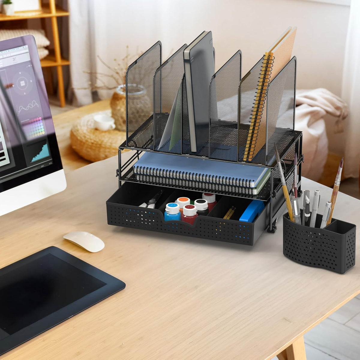 Organizador de escritorio SimpleHouseware de malla con cajón deslizante, doble bandeja y 5 secciones verticales, color negro