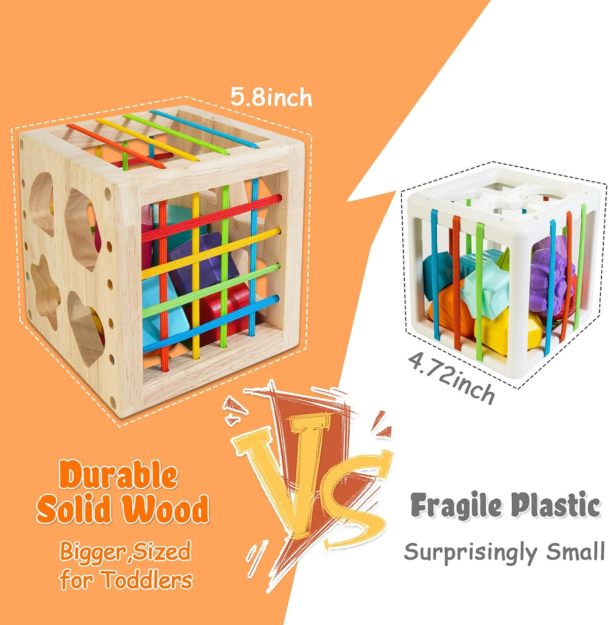HELLOWOOD Juguetes Montessori para niños de 1 año en adelante, cubo clasificador de madera con 8 formas de traqueteo, juguetes de aprendizaje de desarrollo para bebés, niños y niñas, embalaje de