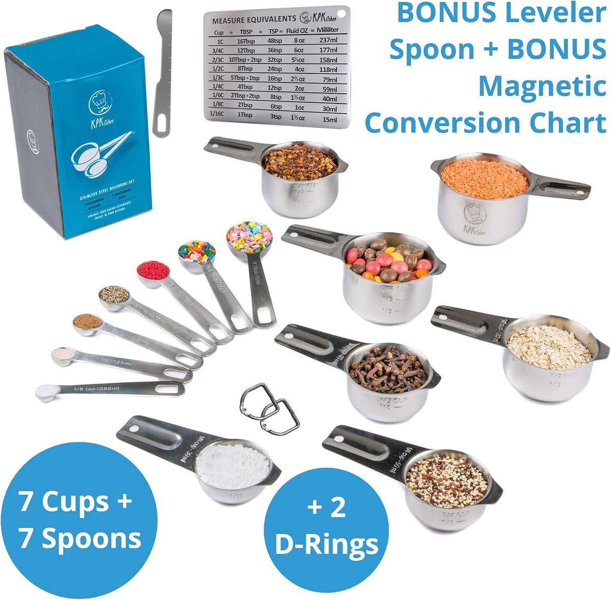 Juego de tazas y cucharas medidoras, 16 piezas, acero inoxidable, nivelador