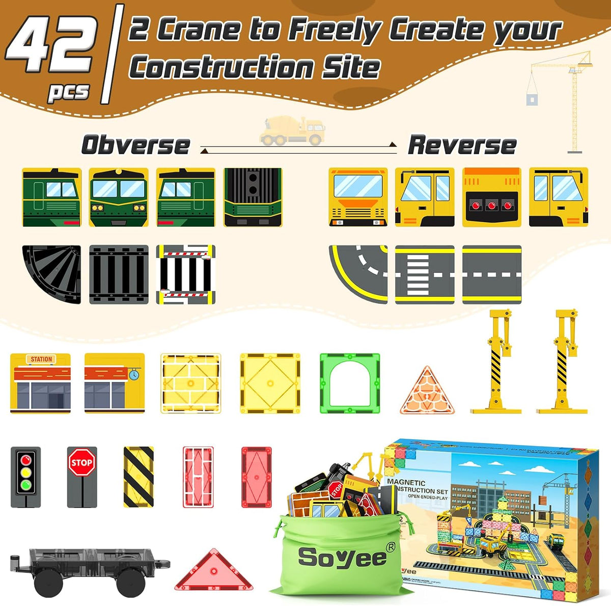 Magnetic Tiles con 2 Cranes, Magnetic Construction Toys STEM Building Toys