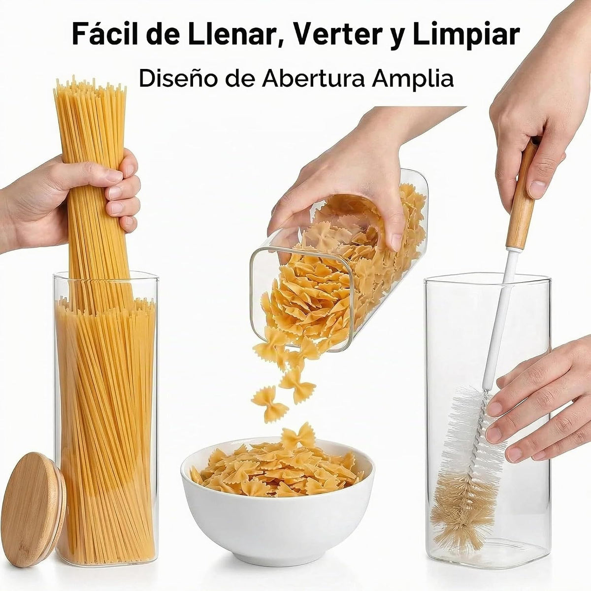 Recipientes de almacenamiento de pasta, paquete de 3, recipiente cuadrado hermético de vidrio para espaguetis de 78 onzas con tapas de bambú, tarro alto de almacenamiento de pasta de vidrio