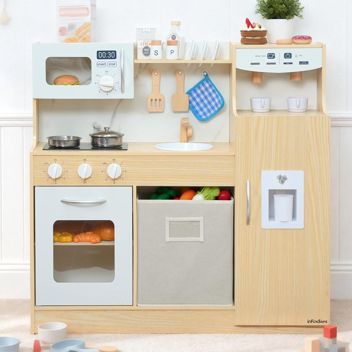 Cocina de madera para niños con caja de almacenamiento y 18